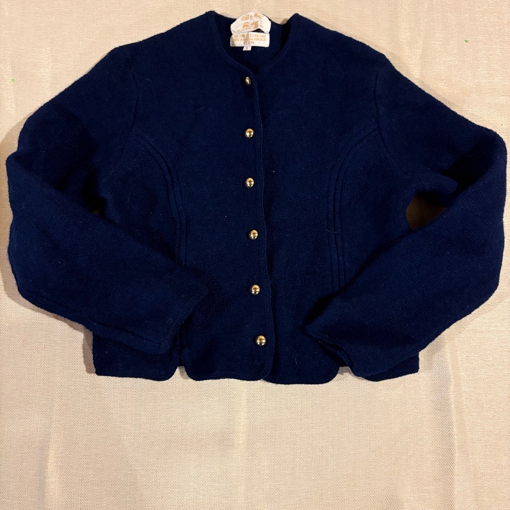 Tally Ho Navy Blue Cardigan Sweater 100% Wool